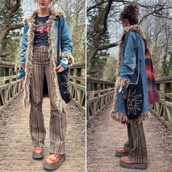 Retro STEVE MADDEN Coat Vintage LONG ISLAND CITY Penny Lane Denim Fur Size Large - Picture 13 of 13